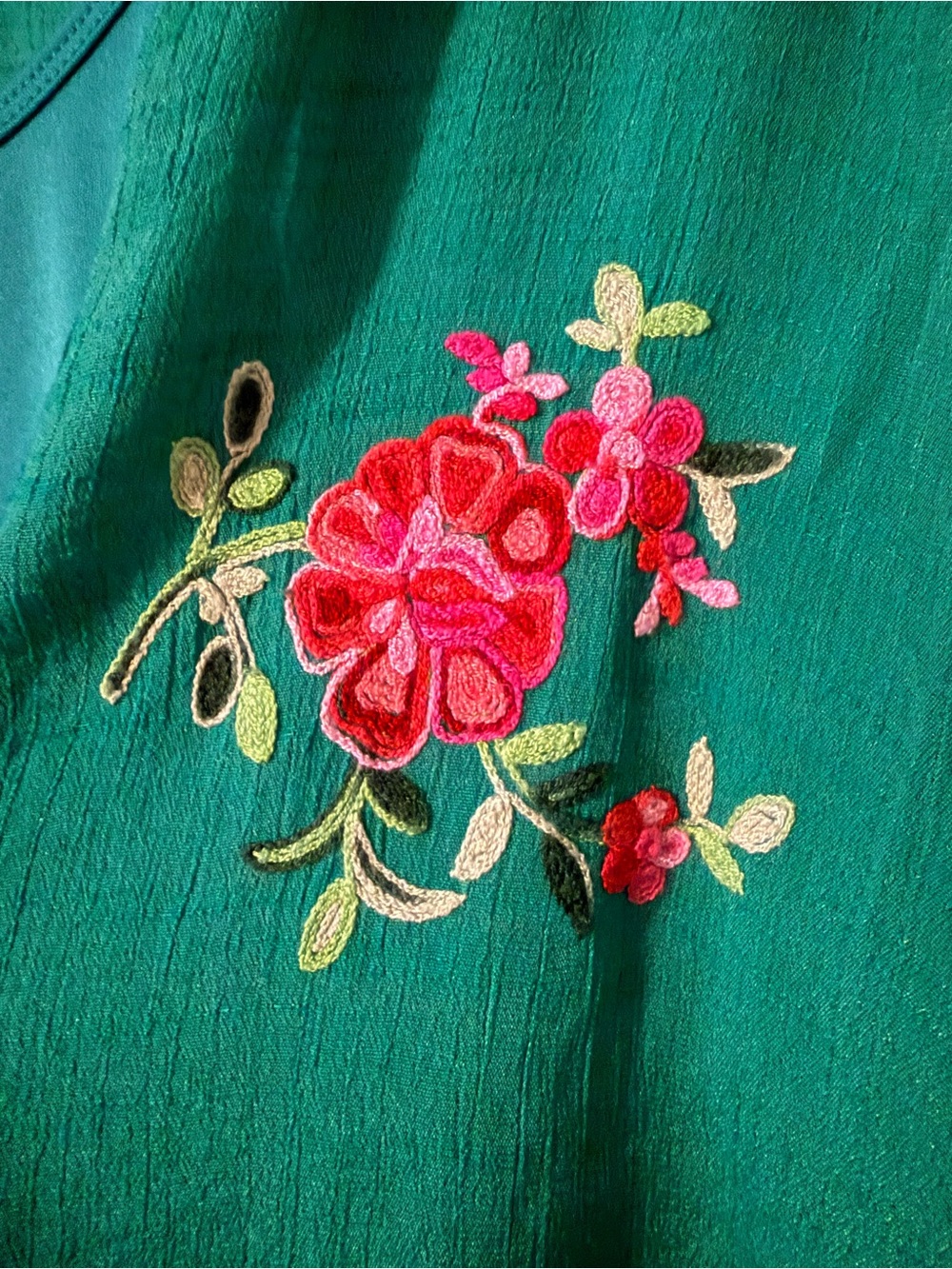 Green Embroidered Floral Button-Front Blouse - Picture 7 of 7